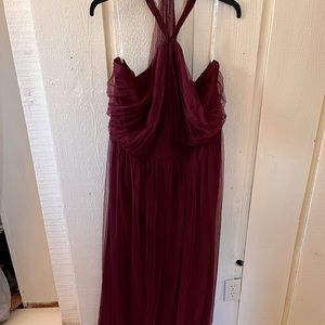 David’s Bridal High Neck Pleated Soft Net Dress in Wine